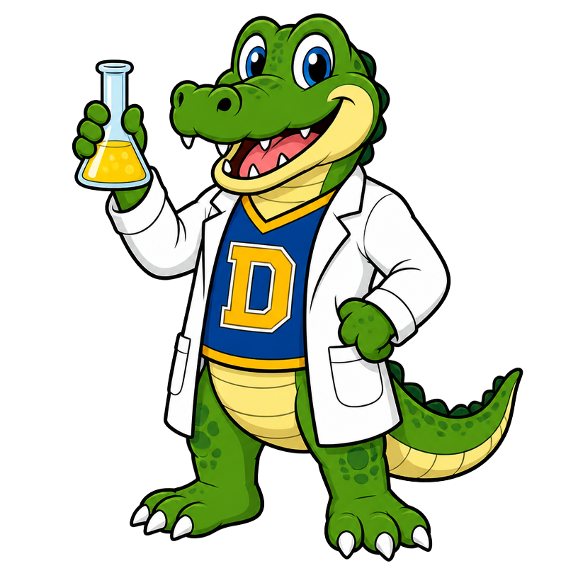 Al the Gator, the school mascot, wearing a lab coat with a blue D