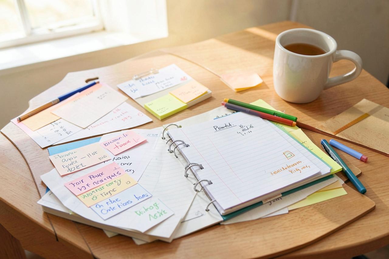 An organized study desk with handwritten flash cards, a notebook, and colored pens
